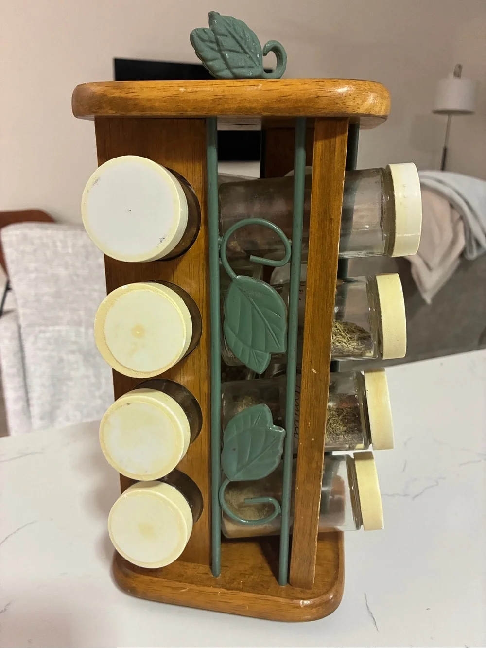 Vintage Wooden Rotating Spice Rack with Leaf Accents and White Lidded Jars